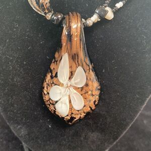 Artisan Glass Beaded Necklace Black Copper White & Clear  Beads  Floral Pendant